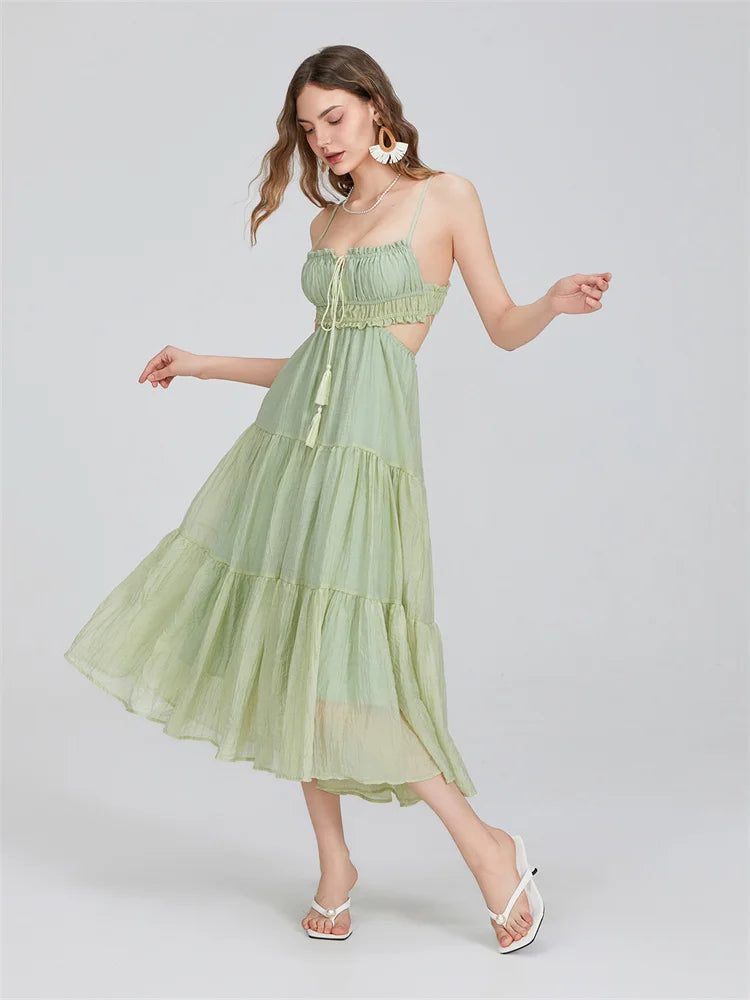 Patty Boho Flowy Spaghetti Strap Cut Out Backless Ruffle A-line Dress