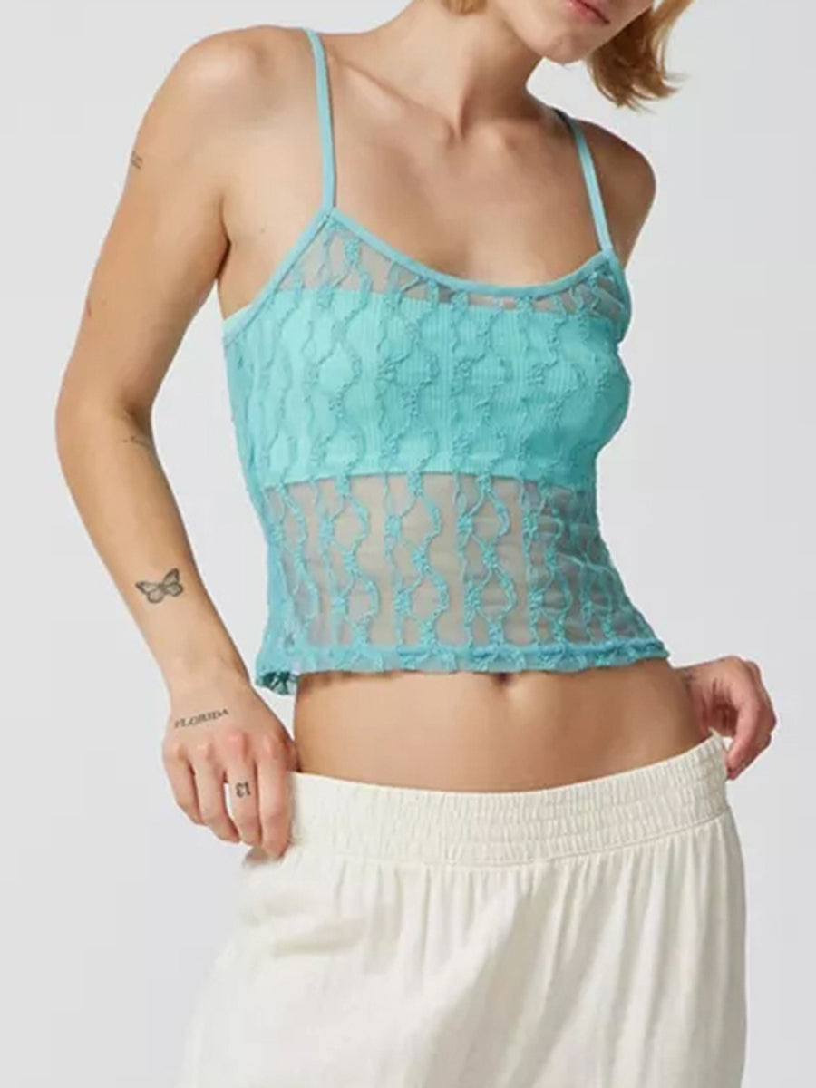 BCG Y2K Fairycore Floral Lace Camisole Strap Sheer See-through Sleeveless Crop Tops