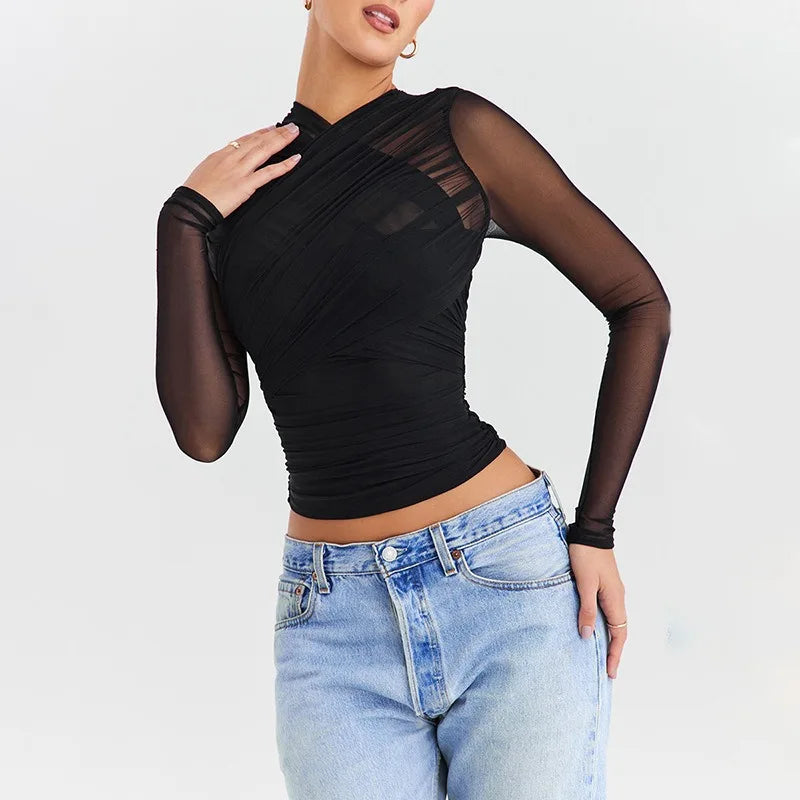 Skylar See Through Cross V Neck Long Sleeves
