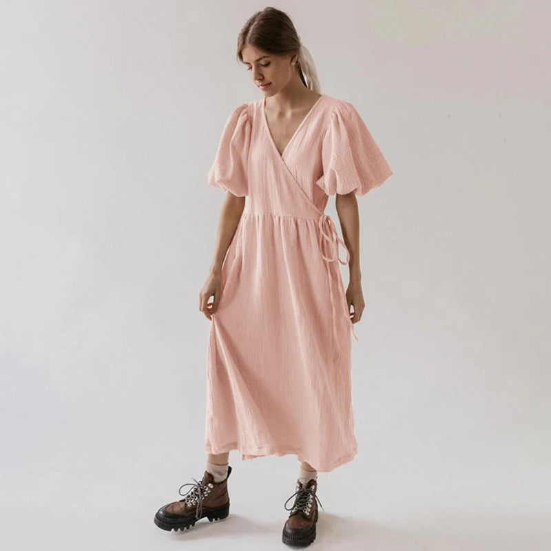 Vintage 100% Cotton Puff Sleeve V-Neck Bandage Lace Maxi Dress