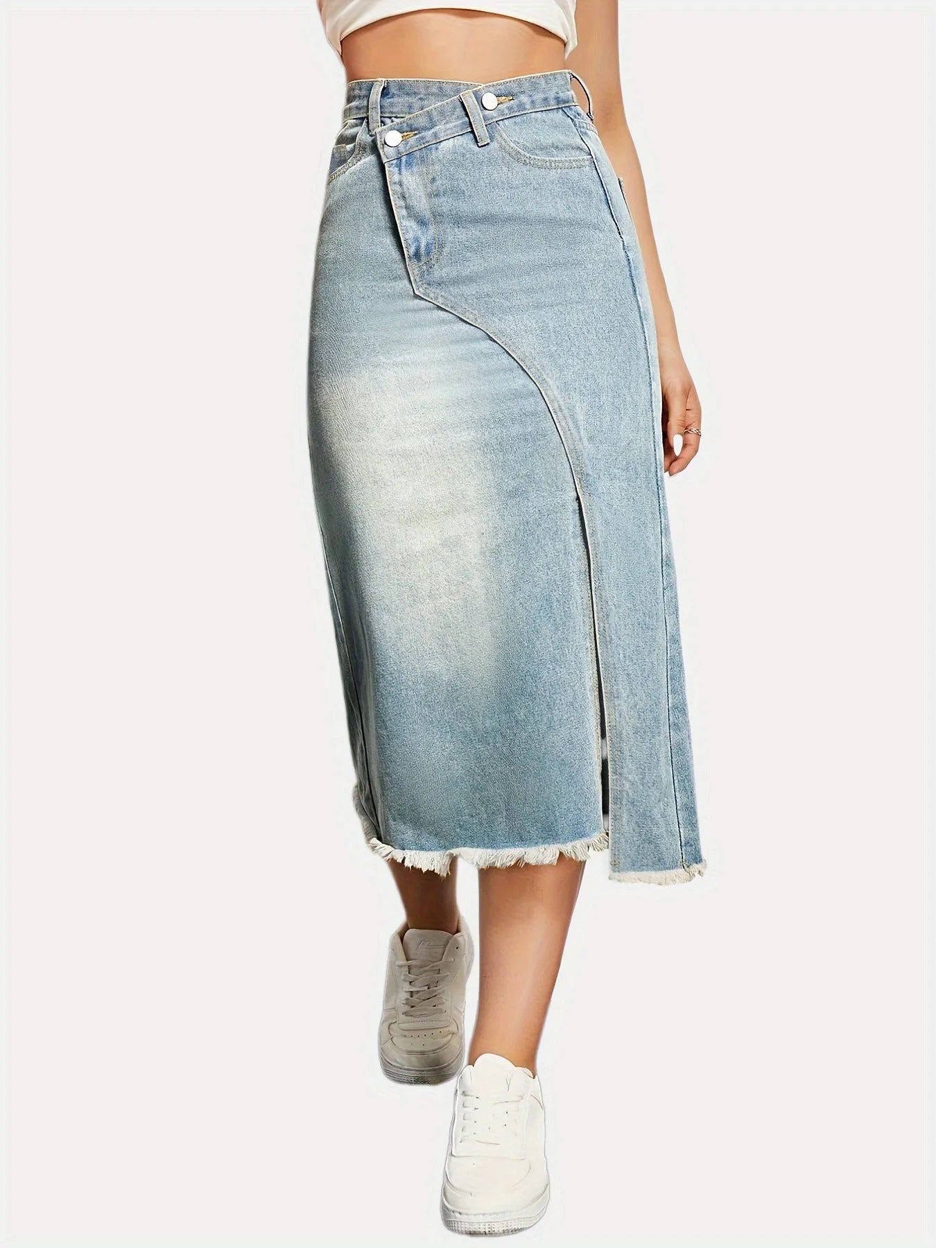 Blue High Waist Skirts Denim Long Faded Slit Maxi Skirt
