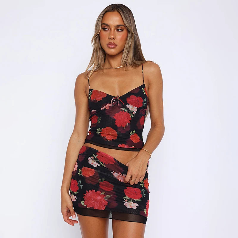 Mesh Mini Skirt Floral Set
