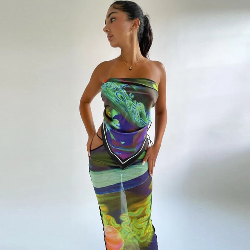 Honey Marble Sheer Mesh Long Skirt and Top Set