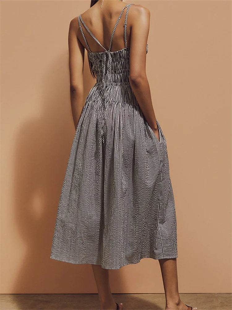 BCG Ruched Striped Print Spaghetti Strap Sleeveless Backless Tie-Up A-line Dress with Pockets