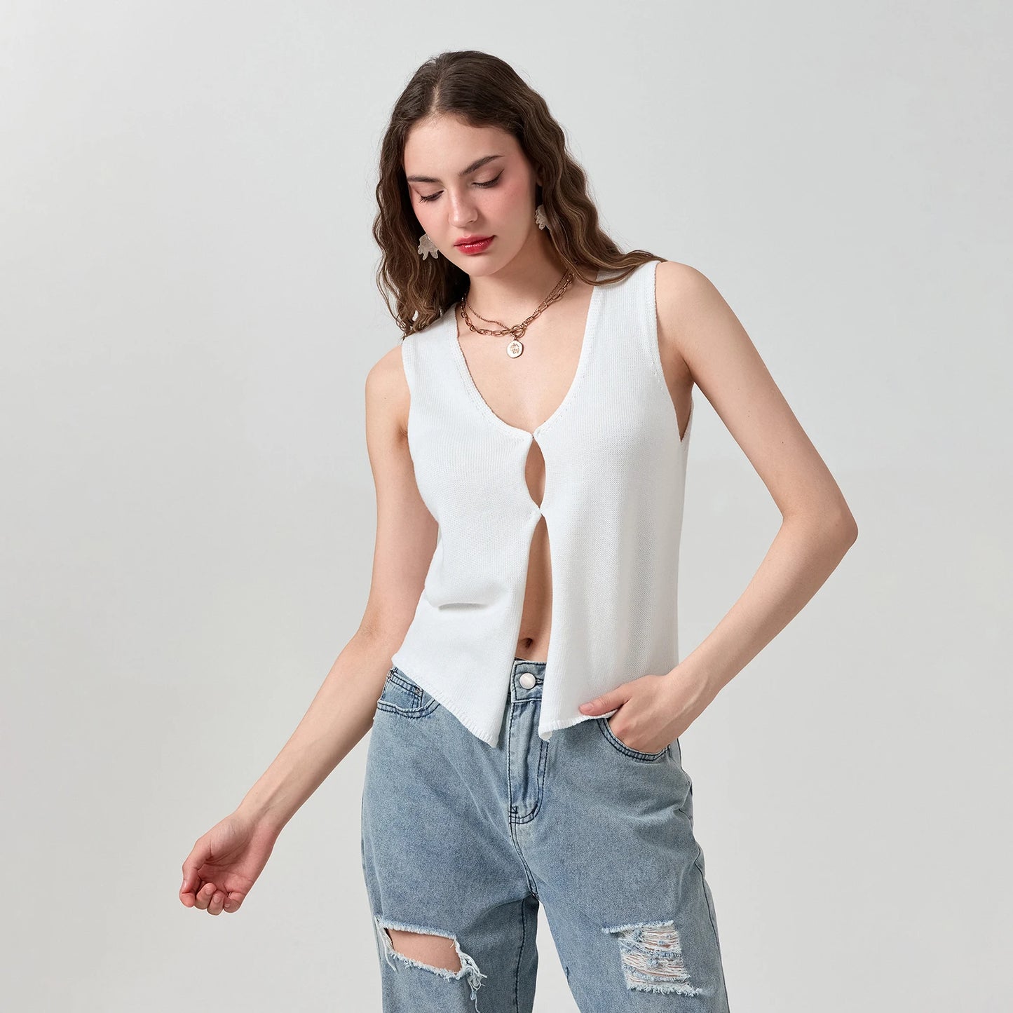 BC Knit Retro Sleeveless V-Neck Button-up Tank Tops S