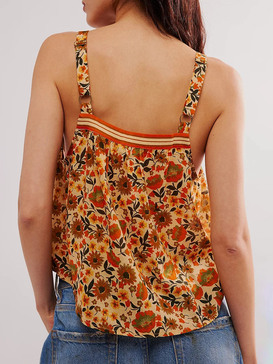 Bohemian Y2K Cute Tank Tops Floral Sleeveless Front Button-down