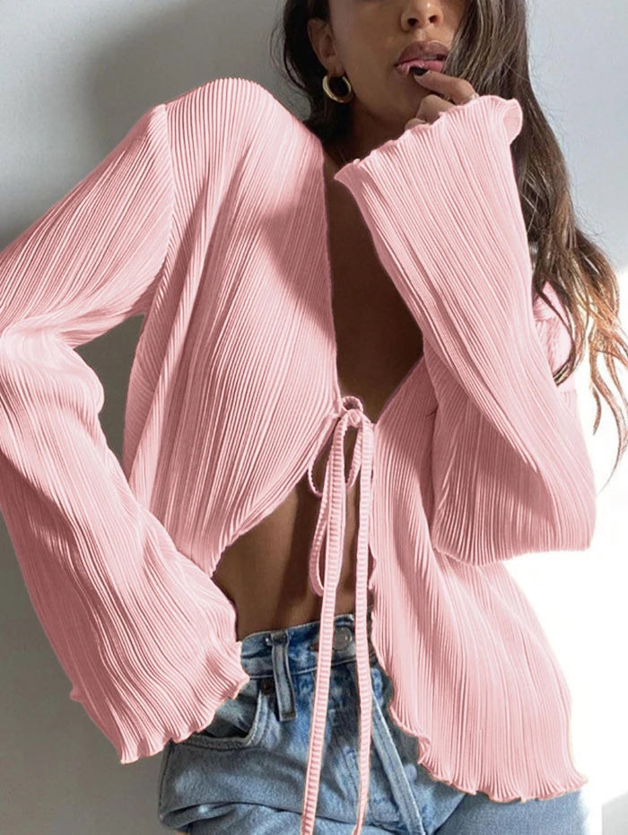 BC spring hit V-neck crop pleated knit cardigan