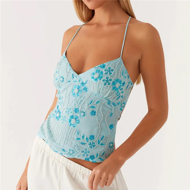 Summi Y2k Sequin Halter Crop Tops Pearl Glitter V Neck Rhinestone