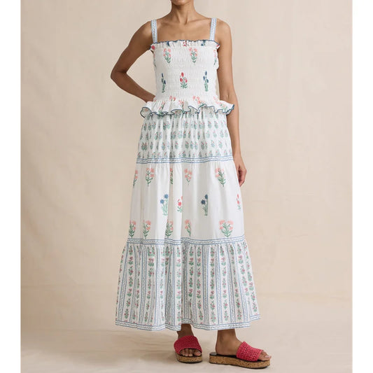 Lamusa Floral Ruffle Square Collar Sleeveless High Waist Tiered Long Dress