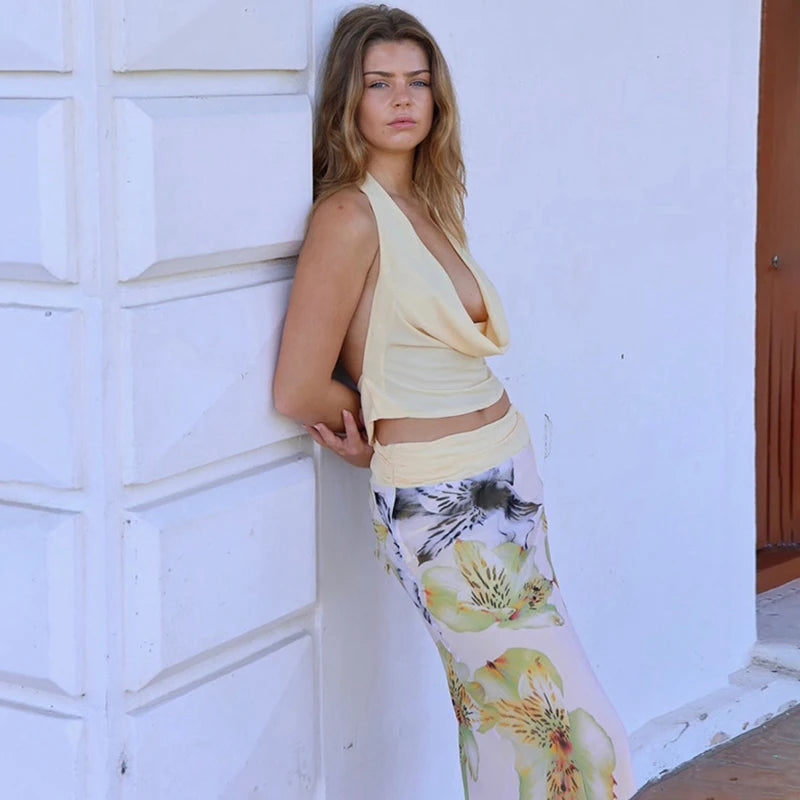 Tara Skirt Set Backless Halter Top Printed High Waist Skirt