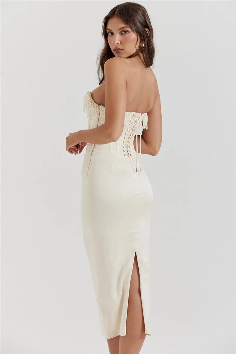 MUA Pearl Tassel Midi Dress Off-shoulder