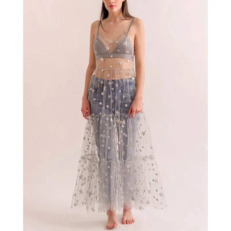 Hasaki Summer Mesh Sheer Bikini Cover Ups Tulle Spaghetti Straps See-through Maxi Dress