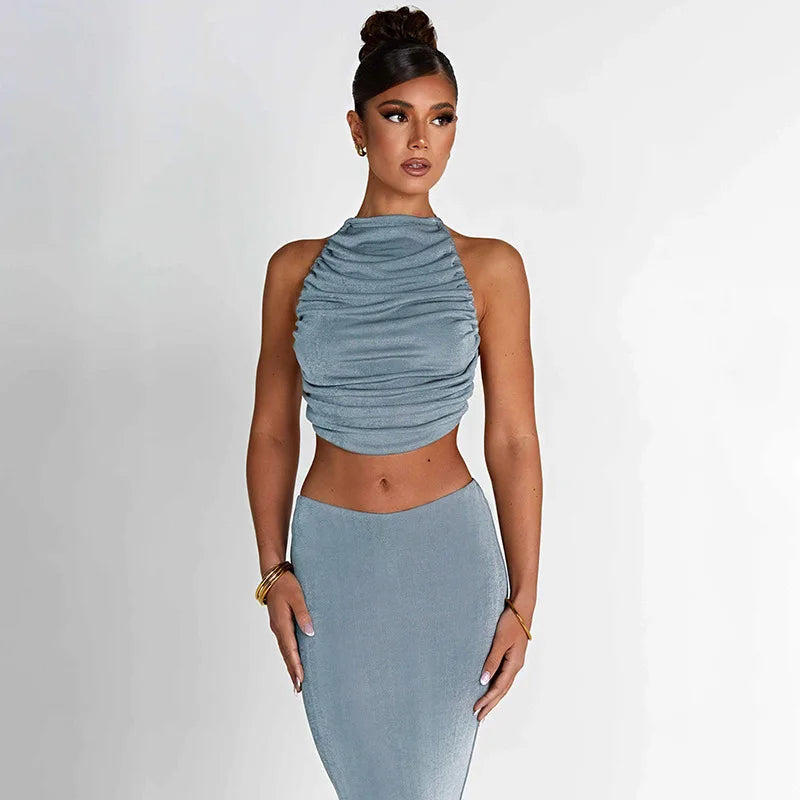 Jewel Set Ruched Crop Top Long Skirt