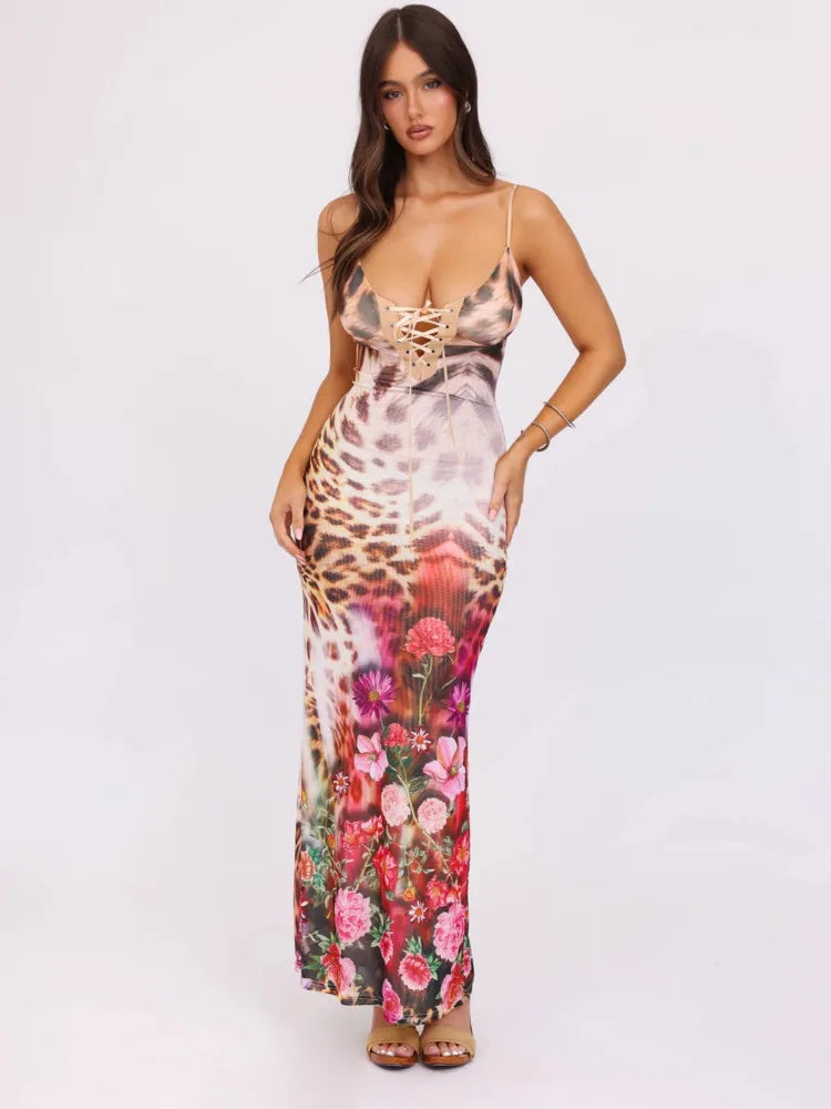 BC Strap Lace Up Print Tight Backless Dress