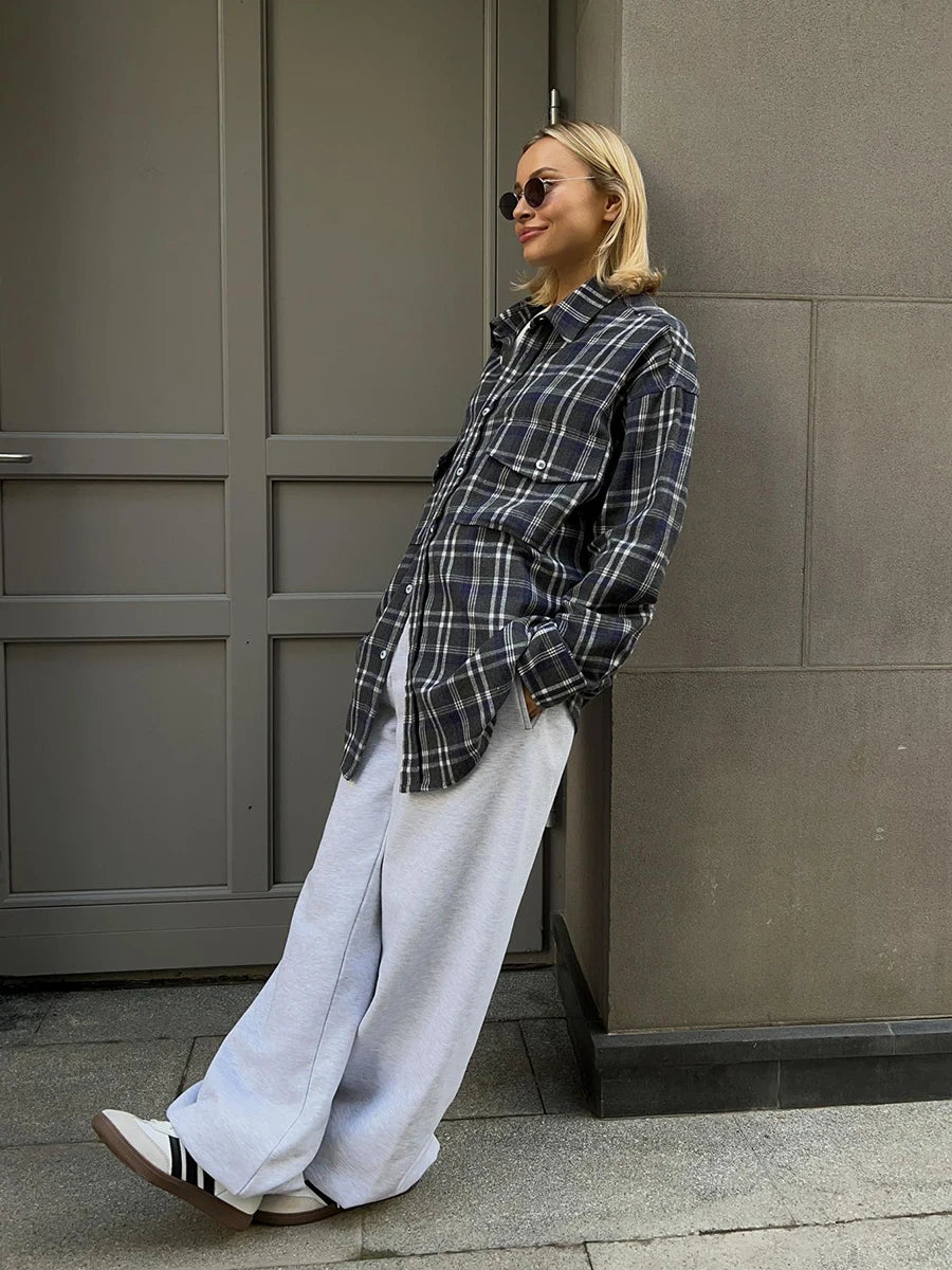 BCG Y2K Vintage Loose Plaid Lapel Long Sleeve