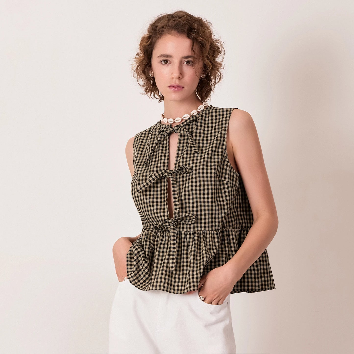 BC Classic Retro Plaids Bow Tied Front Bodydoll Tank Tops Sleeveless Round Neck Ruffle Hem