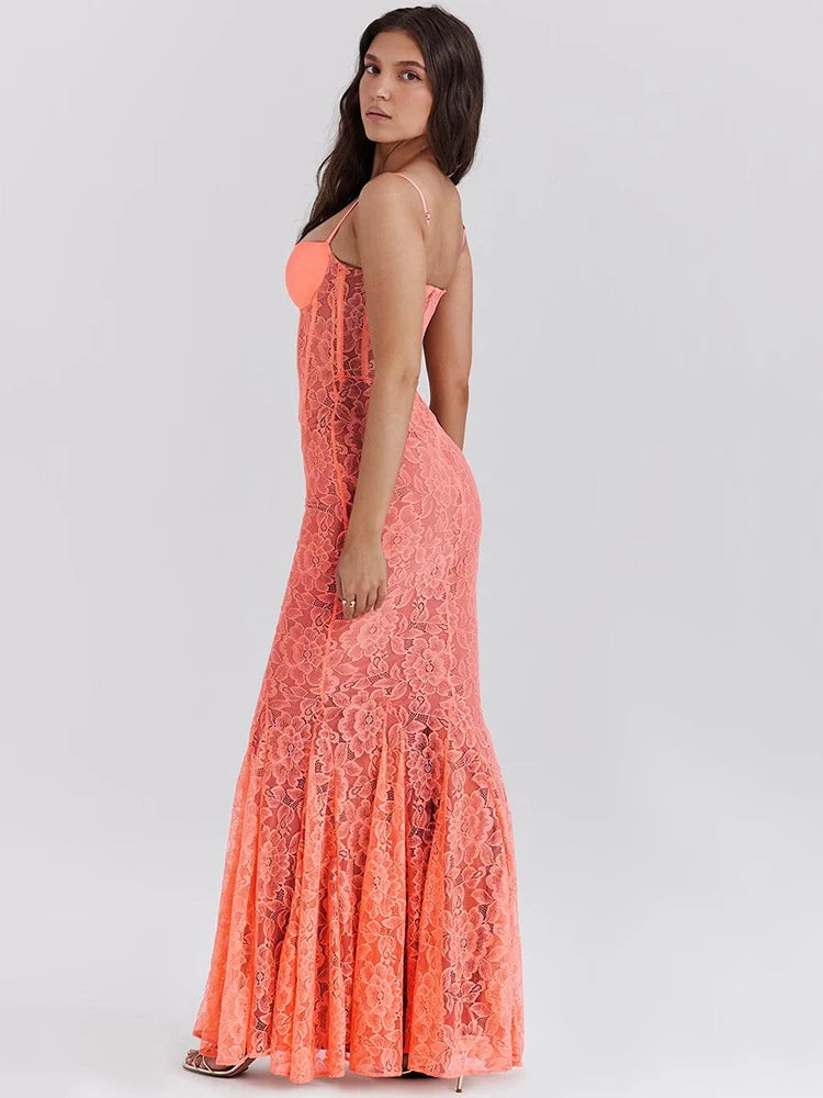 BC Floral Lace Strap Sleeveless Backless Long Dress