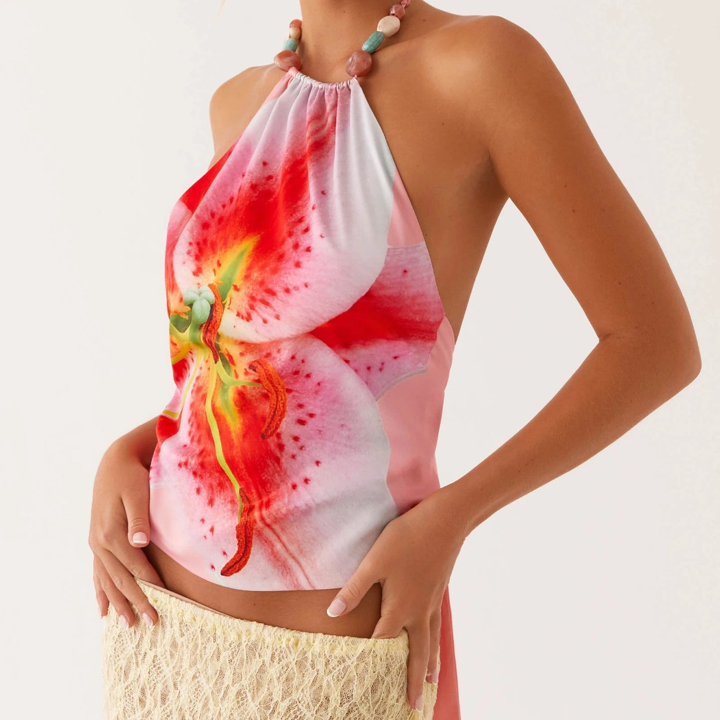 Floral Print Halter Neck Crop Top with Tie-up Open Back Sleeveless