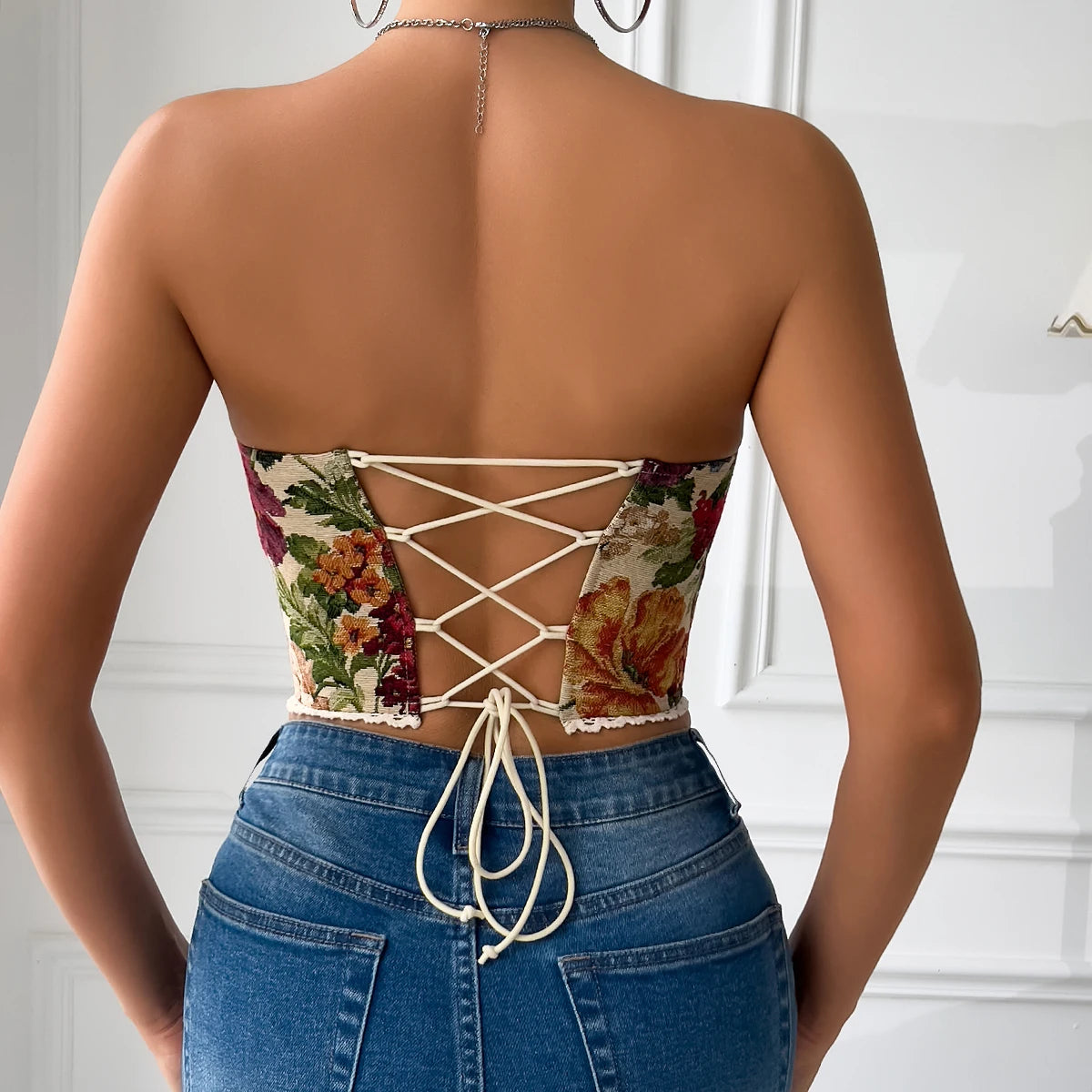 Y2K Retro Street Sleeveless Bare Shoulder Crop Top Lace Embroidery Floral Backless Strapless Corset
