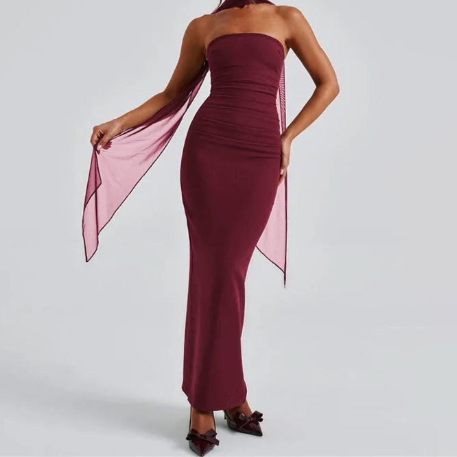MUA Strapless Backless Maxi Dress Burgundy Mesh Sleeve Off-shoulder Long Dress