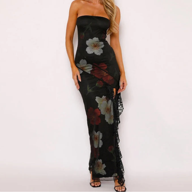 Novita Vintage Floral Lace Ruffles Split Long Dress