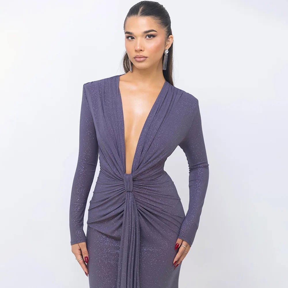 BC Talli Elegant Long Sleeve Elastic Tight Deep V-Fold Lace Dress
