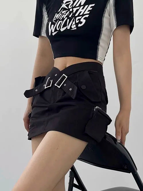 Y2K Aesthetics Belted Low Waist Pockets Cargo Skirt