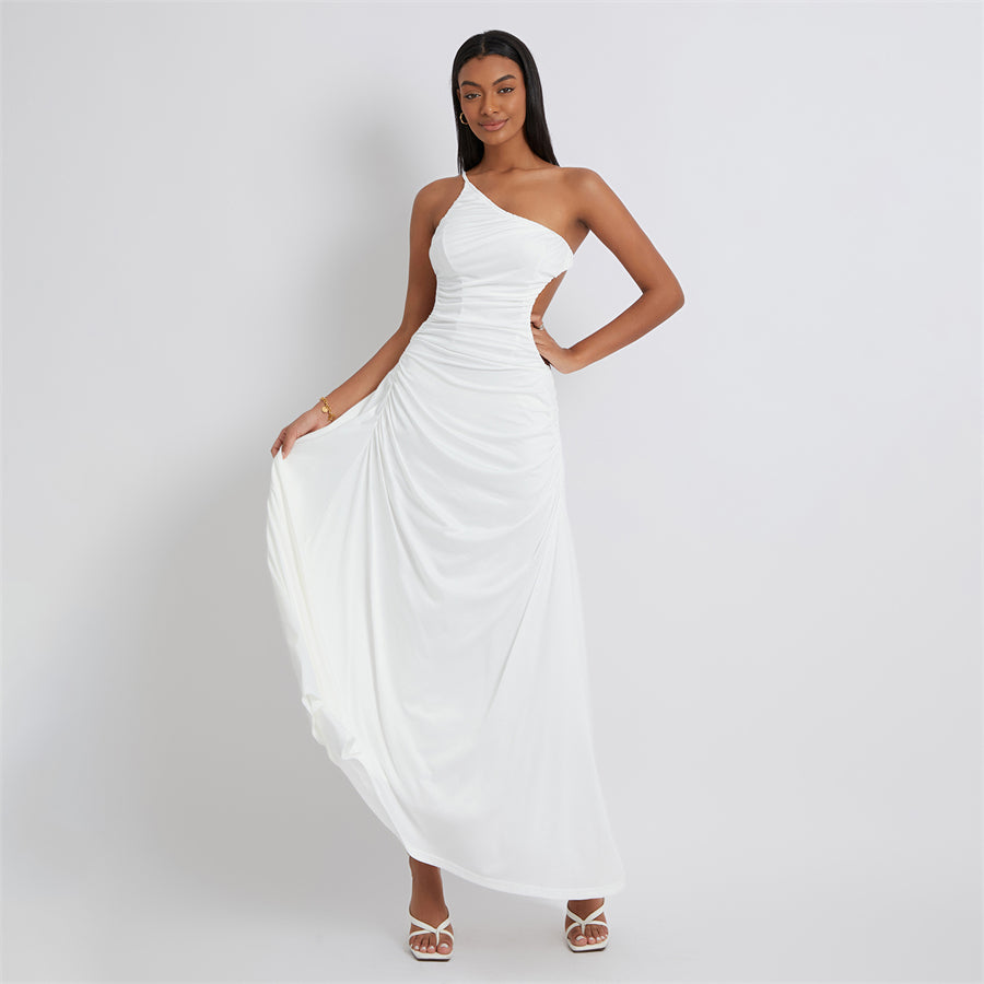 BG White Backless Long Dress One-Shoulder Suspender Flowy Hem