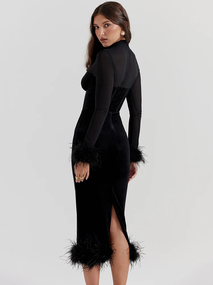 MUA Elegant Feather Sheer Long Sleeve Backless BC Mid Dress