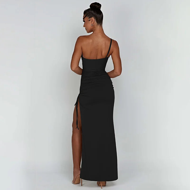 Rachel One Shoulder Strap Thigh High Split Maxi Long Dress