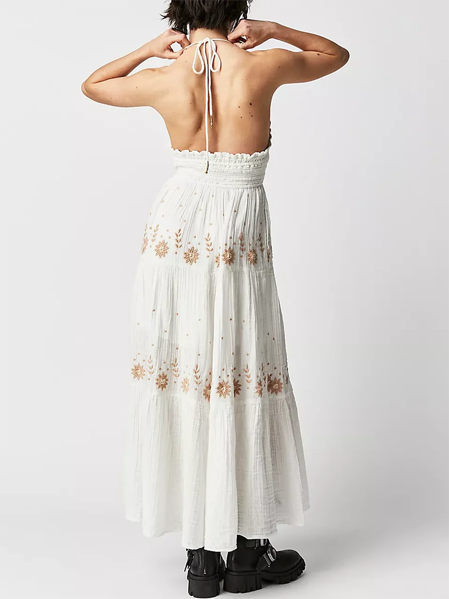 BC Flower Embroidery Tie-Up Halter Neck Sleeveless Backless A-line Dress