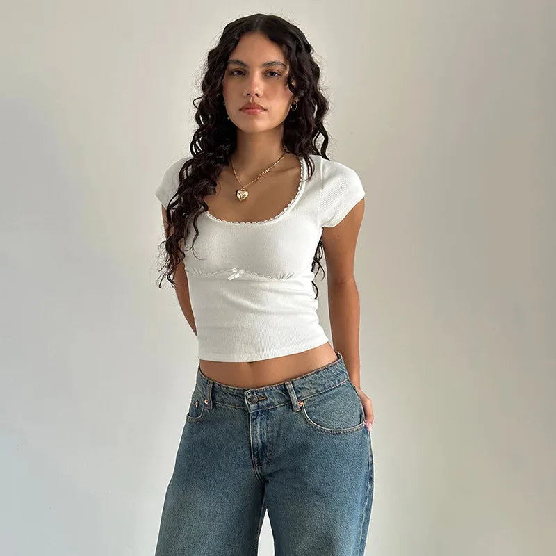 Brittany Bow Lace Trim Short Sleeve Crop Top