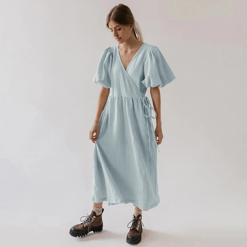Vintage 100% Cotton Puff Sleeve V-Neck Bandage Lace Maxi Dress