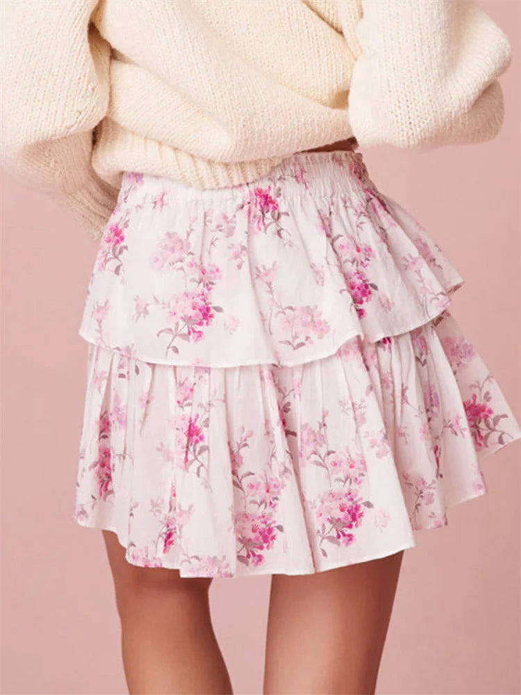 BC Tiered Ruffle Floral Print Elastic High Waist Floral Print Retro Skirts