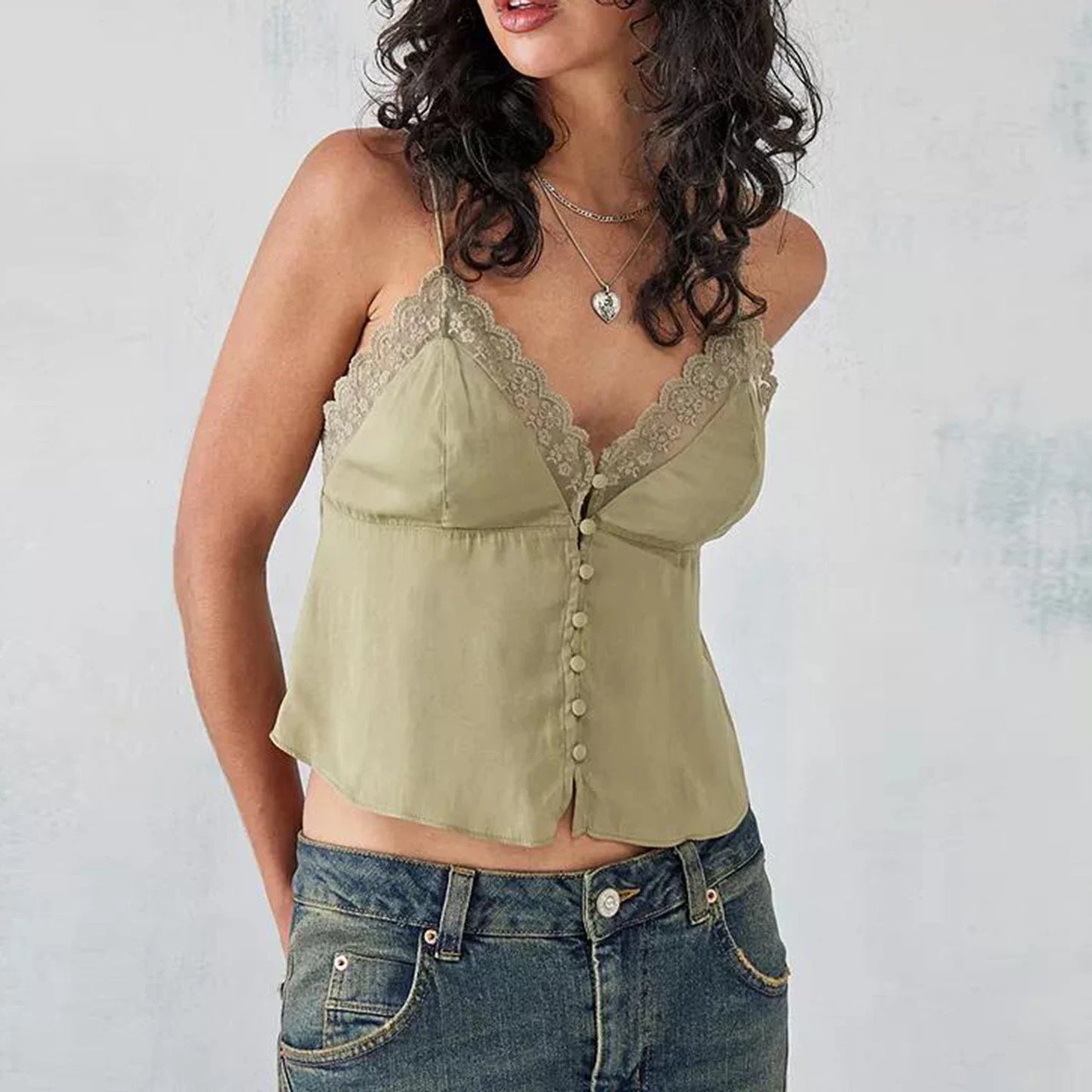 Comb Vintage V Neck Cami Sleeveless Spaghetti Strap Button Down Lace Trim Aesthetic Backless Tank Tops