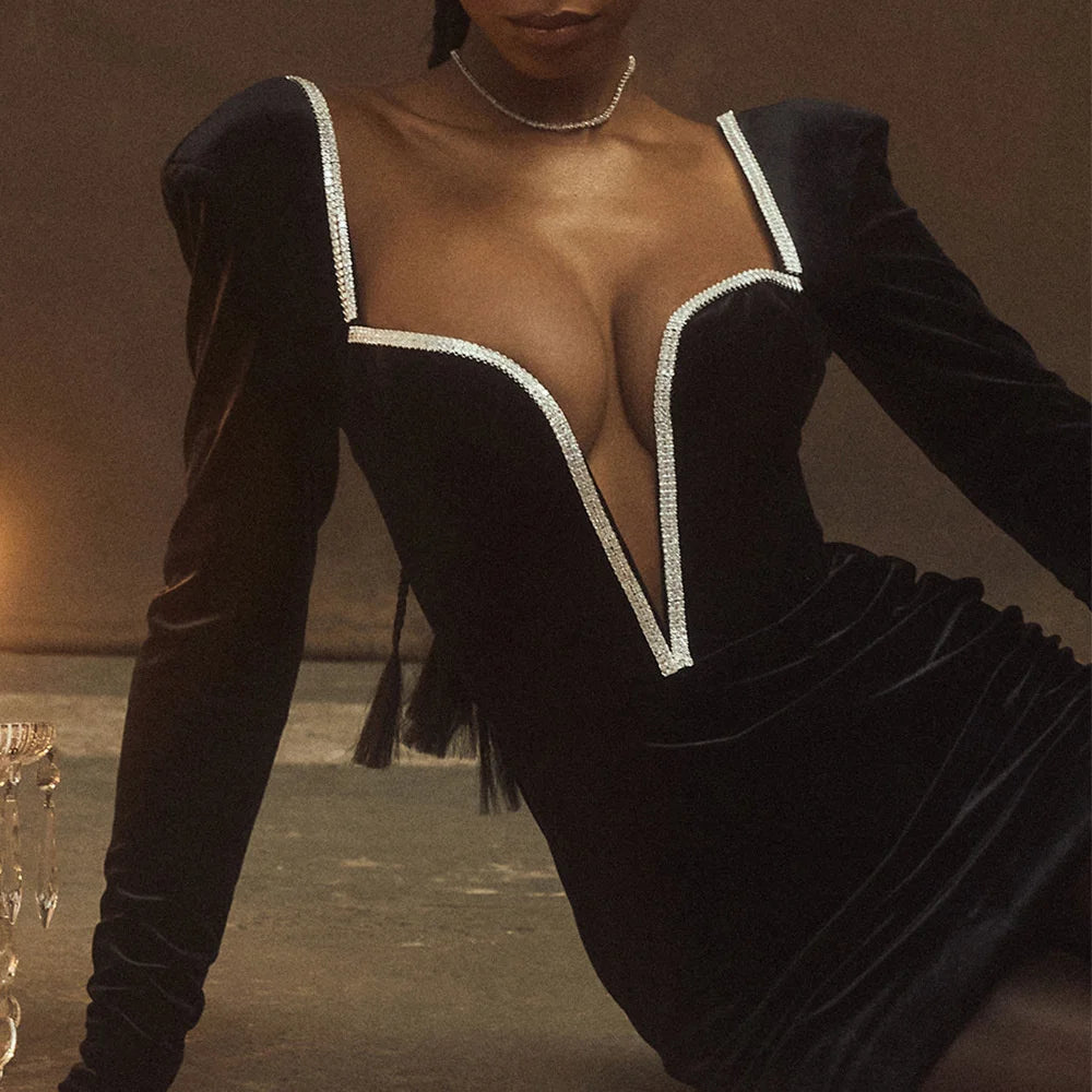 Moya Long Sleeve Deep V Neck Wired Diamante Crystal Padded Should Velvet Dress
