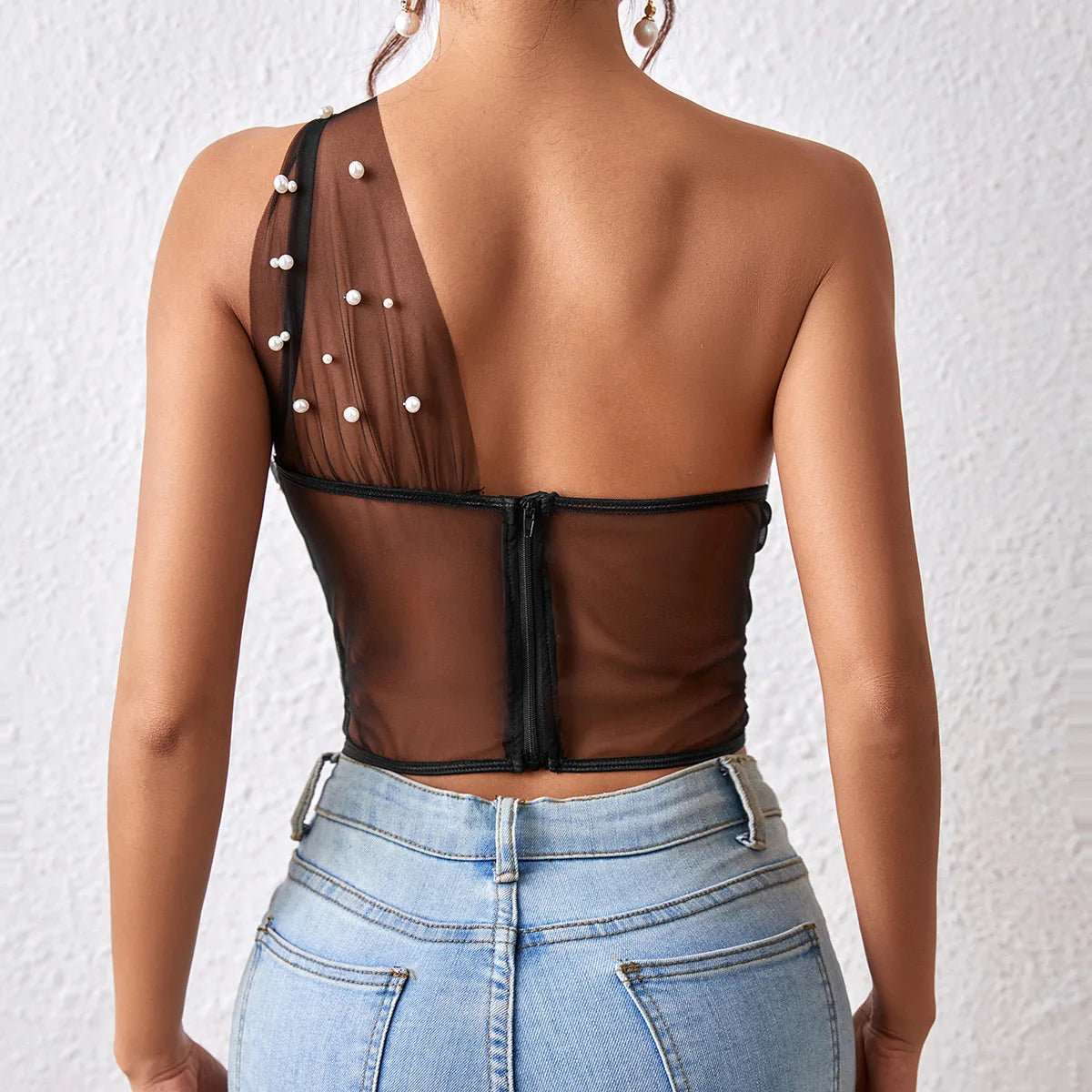 BC See-through Mesh Beaded Backless Off Shoulder Halter Corset Sleeveless