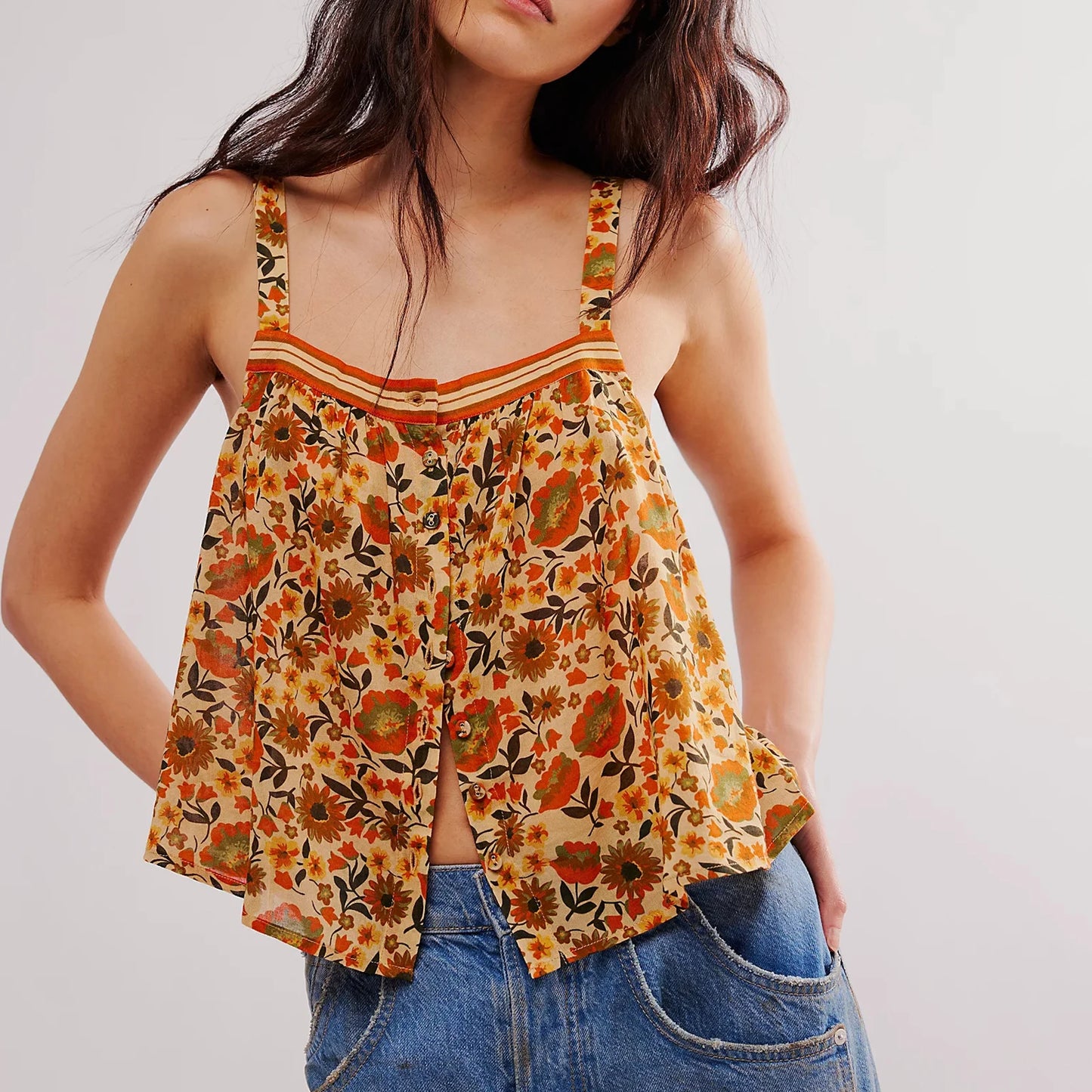 Bohemian Y2K Cute Tank Tops Floral Sleeveless Front Button-down