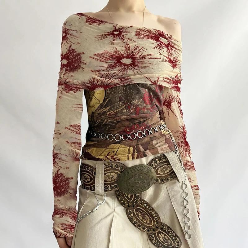 CI Vintage Mesh See Through y2k Aesthetic Floral Print Slash Neck Long Sleeve