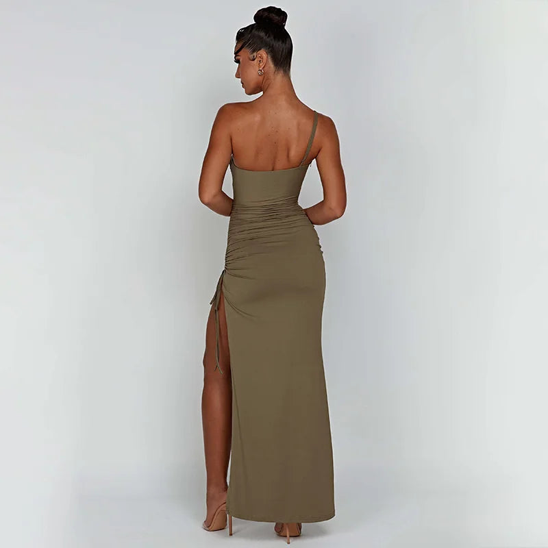 Rachel One Shoulder Strap Thigh High Split Maxi Long Dress