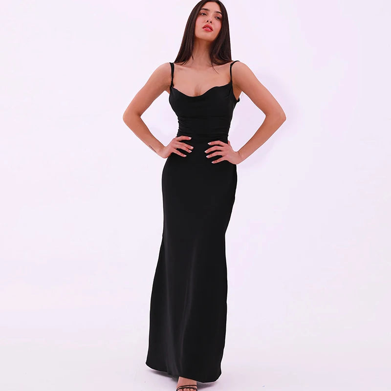 Queeny Satin Backless Bandage Maxi Dress