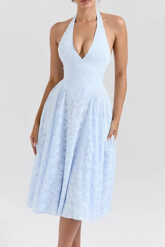 LU Deep V Neck Halter Sleeveless Backless A-line Loose Pleated  Mid Dress