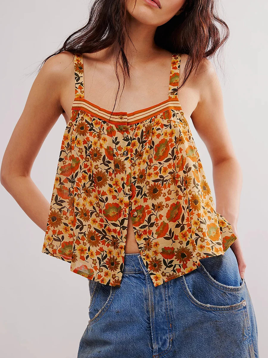 Bohemian Y2K Cute Tank Tops Floral Sleeveless Front Button-down