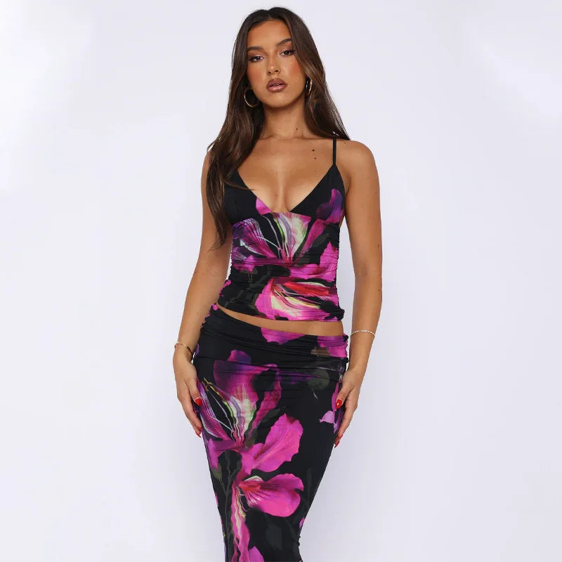 Menie Floral V Neck Cami Top and Long Skirt Set