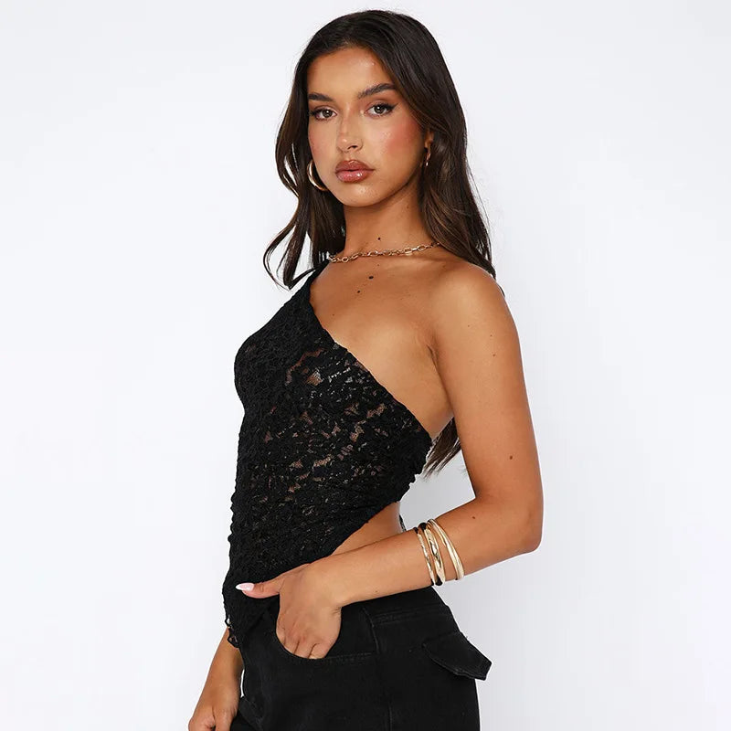 Paige Sheer Lace Mesh Crop Top Asymmetrical Tie-Up Shoulder