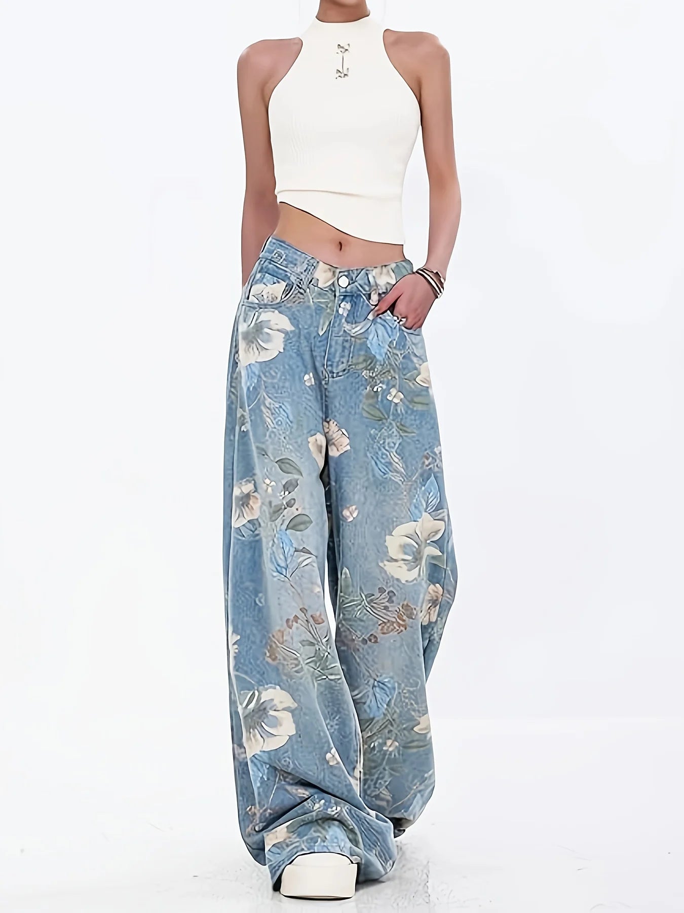 JC Full-Print Loose Slimming High Floor-Length Wide-Leg Jeans