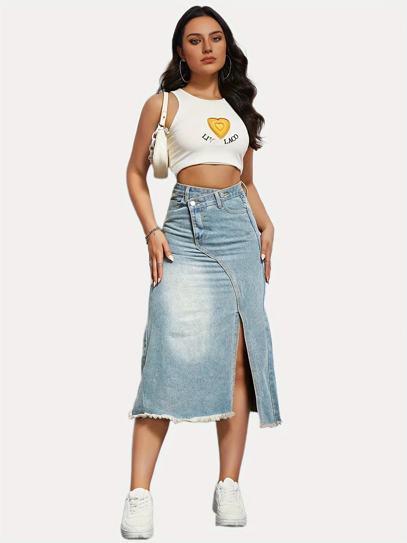 Blue High Waist Skirts Denim Long Faded Slit Maxi Skirt