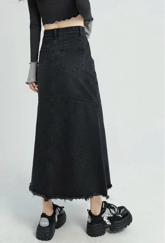 Farly Vintage Denim Skirt High Waist Ankle-Length Skirt