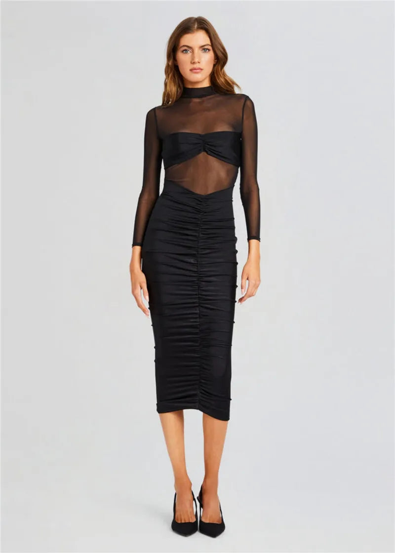 Mona Sheer Long Sleeve Ruched Half High Collar See-Through Backless Dress