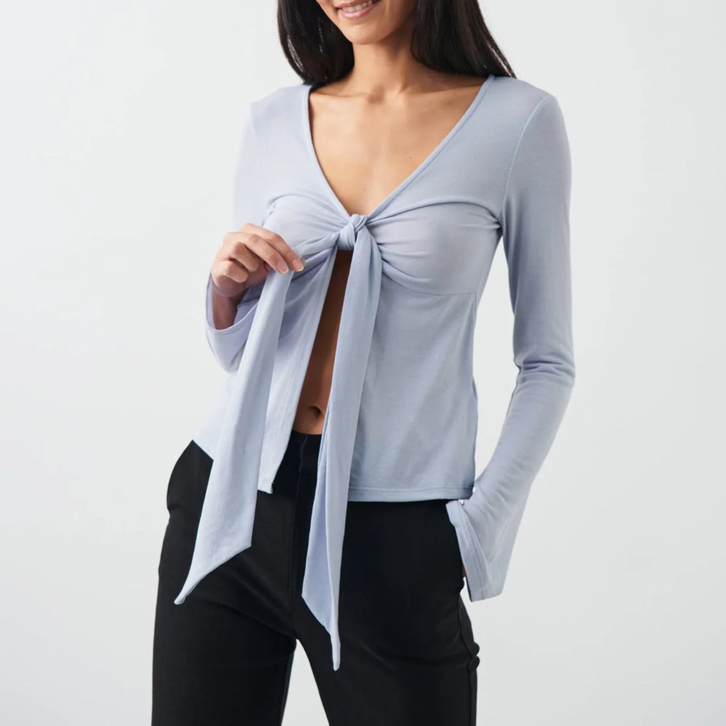 Comb Y2K Vintage Slim Fit Tops Long Sleeve Twist Tied V Neck Front Split